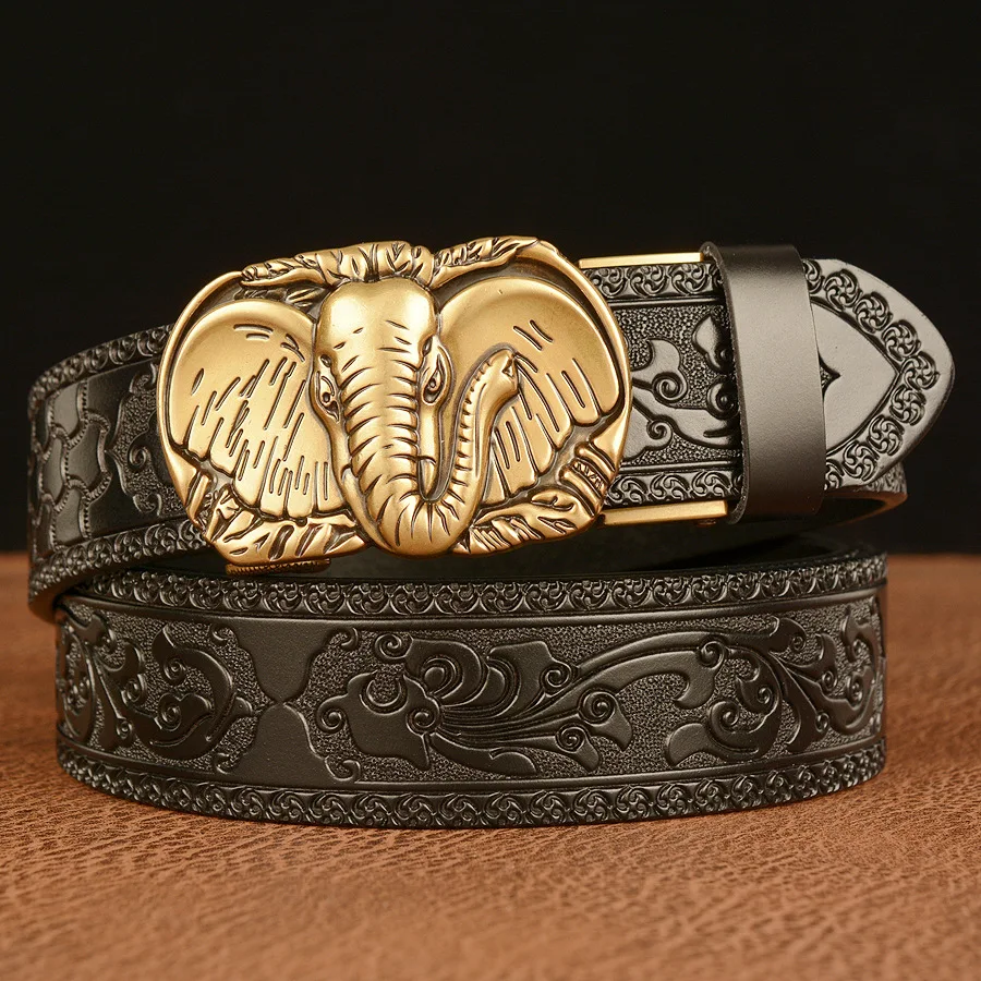 Men’s High Quality Elephant Design Alloy Buckle Leather Belt,Emboss Split Cow Leather Belt,Men Jeans&Casual Pants Accessories ;