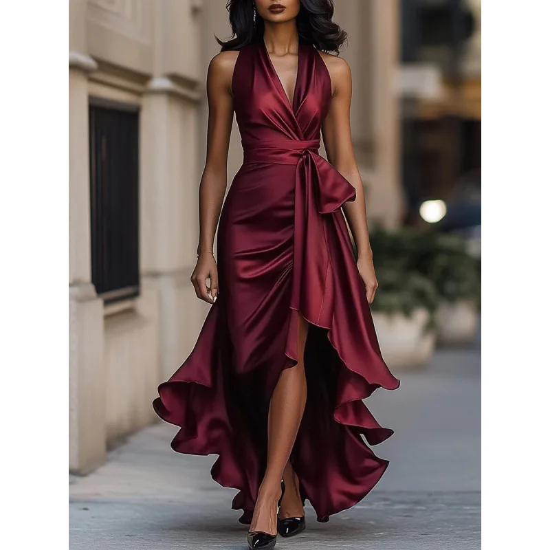 

European and American new style satin V-neck sleeveless waist-cinching ruffled temperament dress