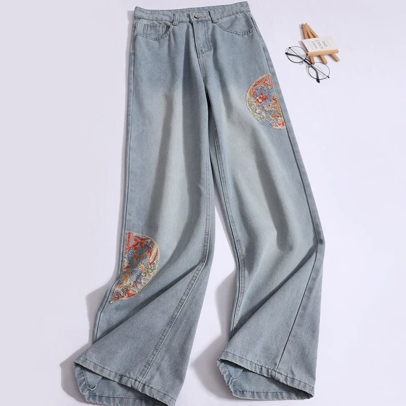 

Chinese Style Embroidery Wide-leg Jeans Women's Denim Pants High-waisted Straight Loose Trousers 2024 New Fashion Jeans