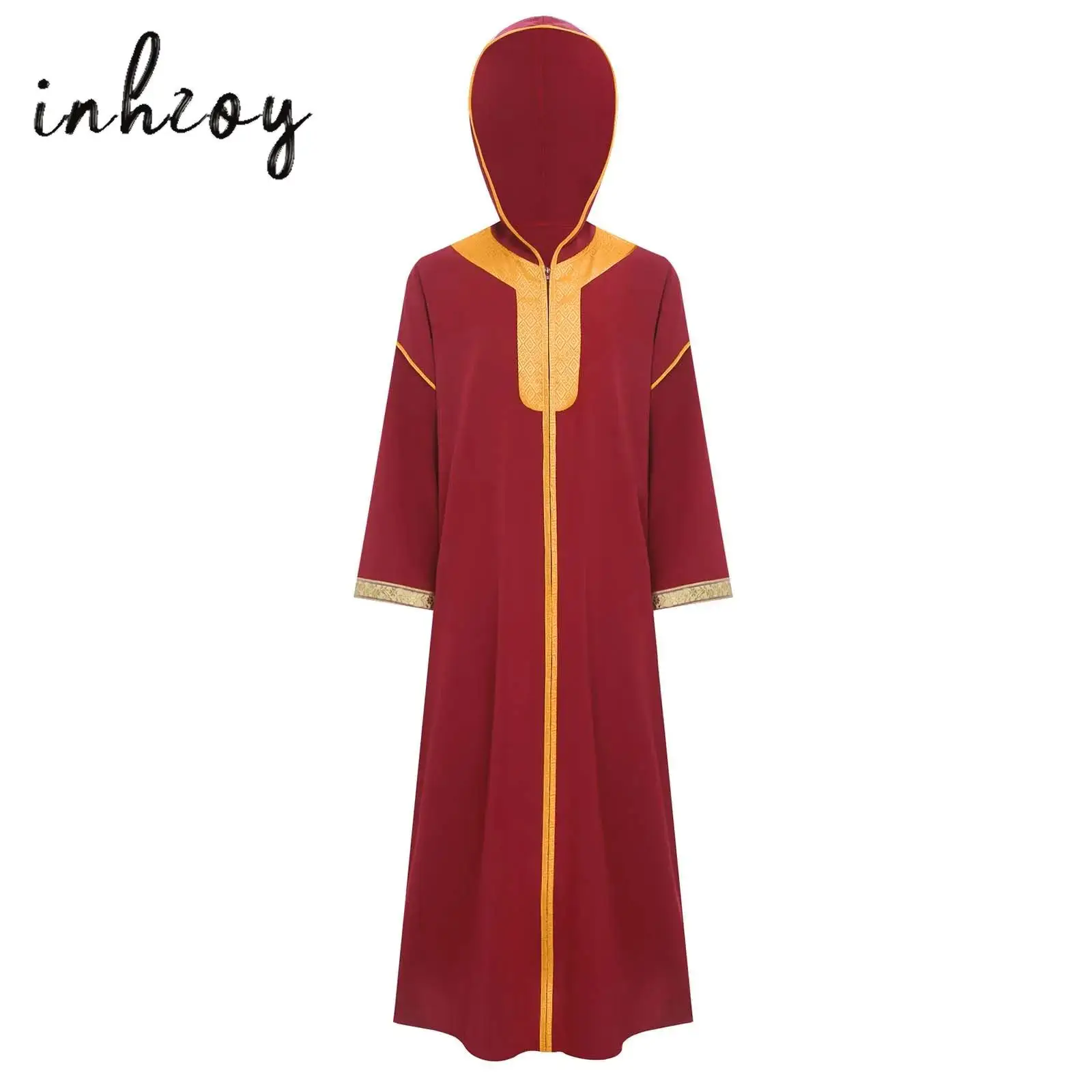 

Kids Girls Muslim Robe Hooded Long Sleeves Zipped Slit Gold Embroidery Arab Gown Islamic Festival Religious Halloween Cosplay