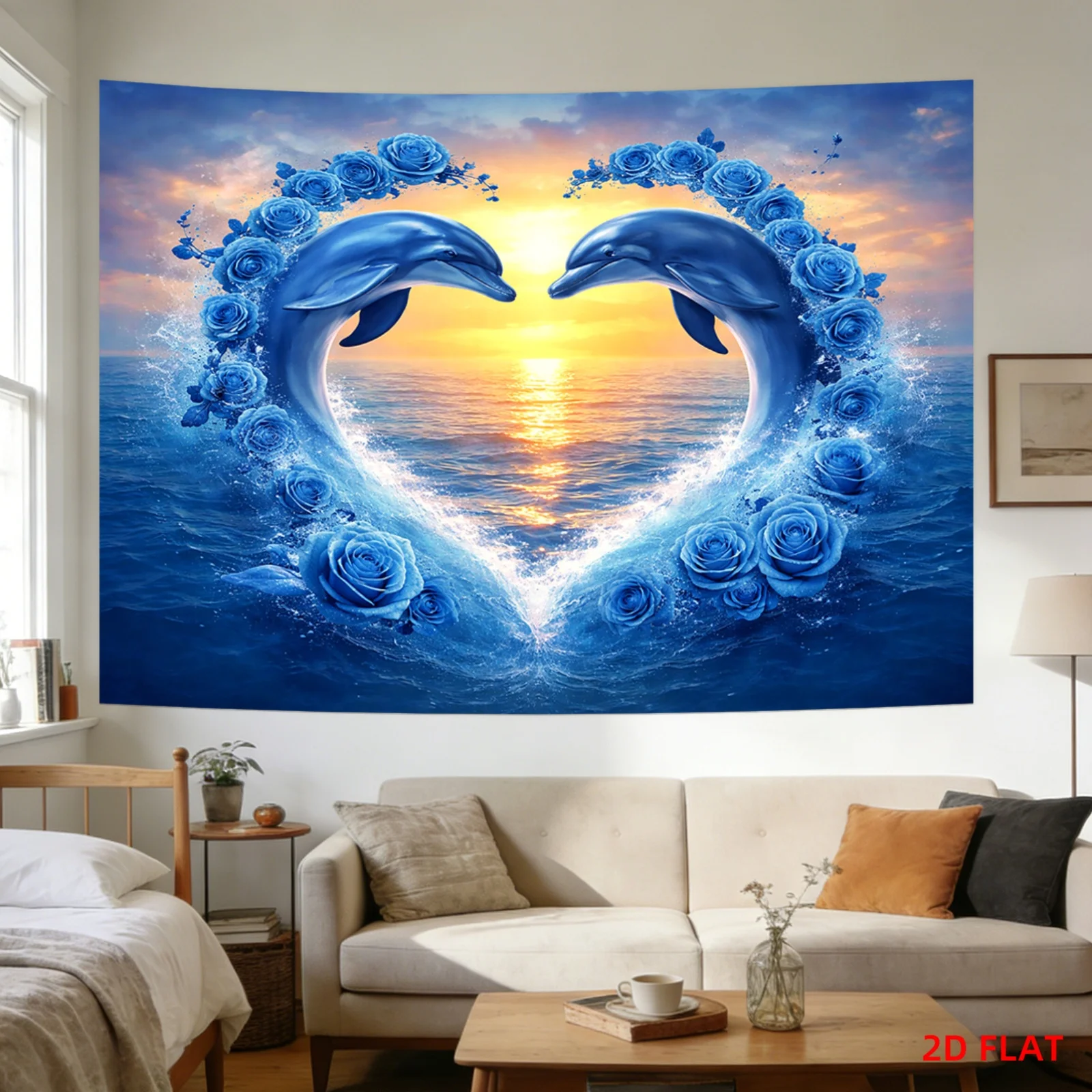 Romantic Dolphin Heart Sunset Ocean Tapestry Wall Hanging Blue Roses Tropical Nautical Decor Large Artwork Print for Bedroom