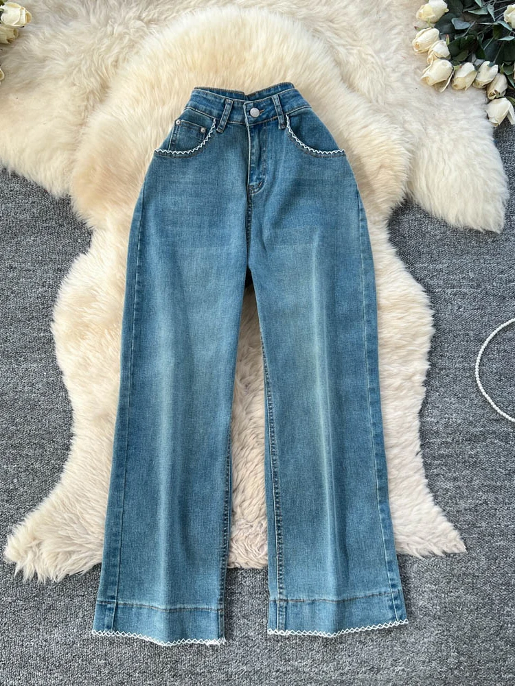 

High Waist Wide Leg Pants Women's Faion Retro Lace Splicing plus Size Autumn Winter New Sle Versatile Slimming Jeans