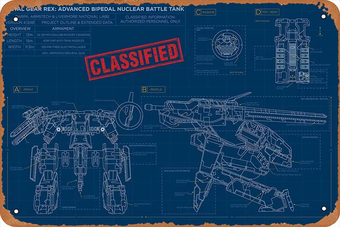 1p,Wall Decor Sign - Metal Gear Solid Rex - Blueprints Poster -  Inch Vintage Look Metal Sign,Bar, Man CAVE Art Decoration