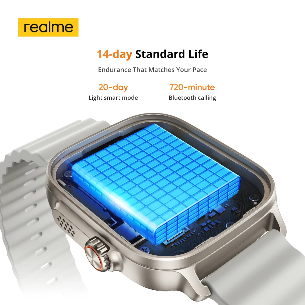 ساعة Realme 5 الذكية الإصدار العالمي 1.97 بوصة شاشة AMOLED لمراقبة الرياضة والصحة عمر البطارية لمدة 14 يومًا IP68 بلوتوث 5.3