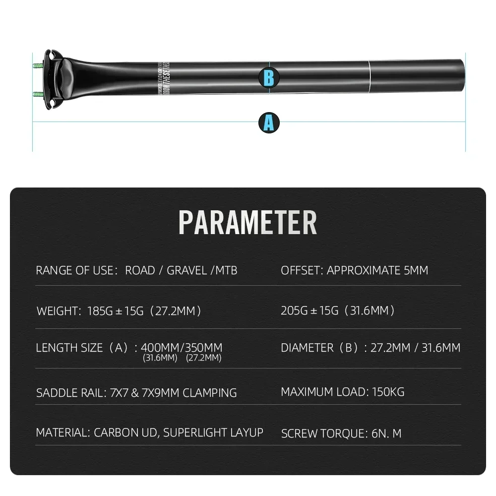 

Lexon Carbon Seatpost 27.2/31.6MM l 350/400mm 5mm offset seat Tube Mountain Bicycle MTB Road Gravel Seating Cycling Accessories