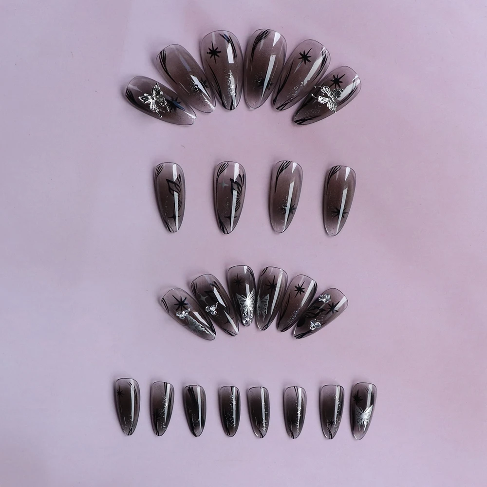 RTAUG 24PCS Long Press On NailsStiletto Black Silver Bowknot Dissymmetry Fake Nails Powder Full Cover Fake Nail Set Cheap Nails