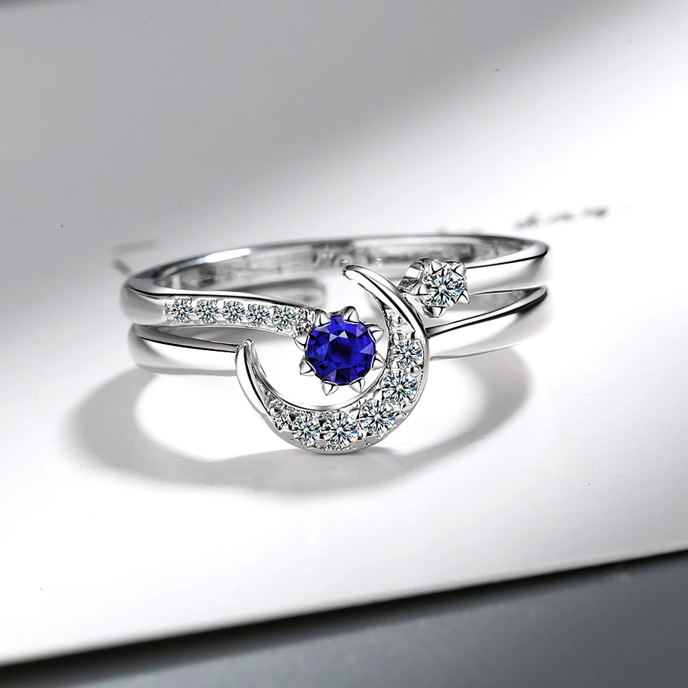 925 Sterling Silver Moon Star Ring Set For Women Sparkling White CZ Created Blue Sapphire Delicate Wedding Bride Fine Jewelry