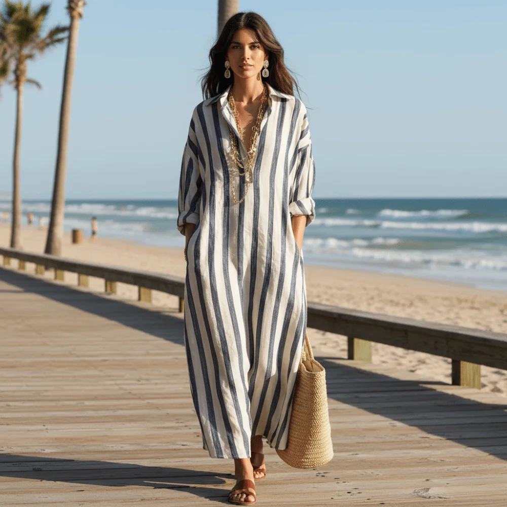 

Beach Wear Long Sleeve Striped Dresses Loose Fit Patchwork Shirt Dress Boho V-neck Women Long Skirt Beach Holiday