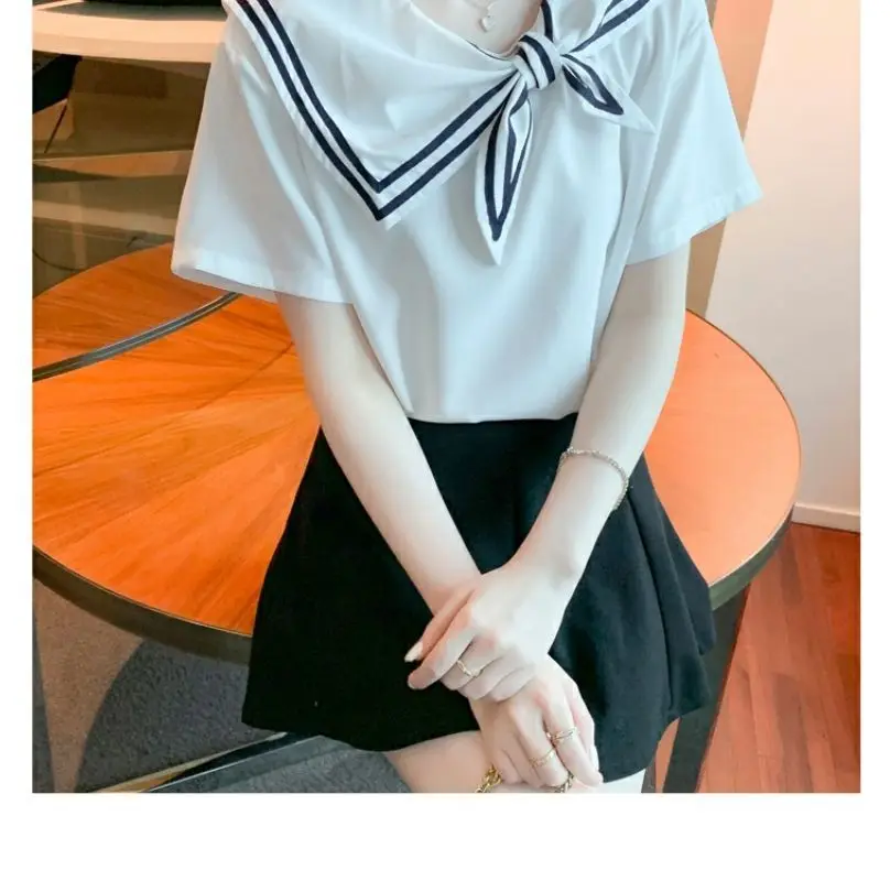 Women\'s Solid Color Summer 2024 New Preppy Style Commuter Sailor Collar England Bow Drawstring Loose Short Sleeved T-shirts Tops