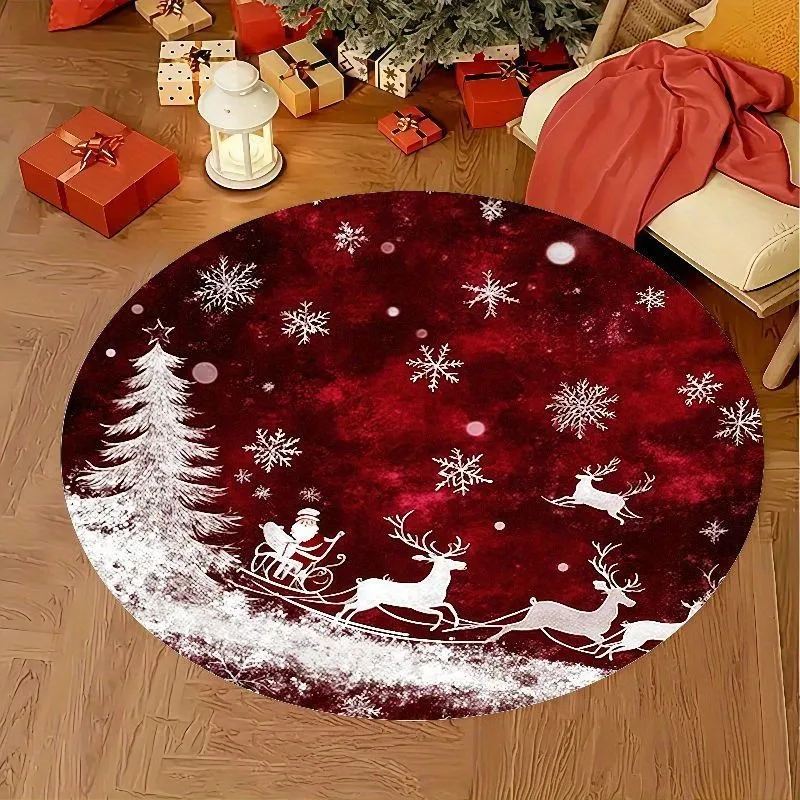 Circular Floor Mat Christmas Reindeer Sleigh Carpet Flannel Soft Warm Deep Red Snowing Sky Pattern Home Floor Pad