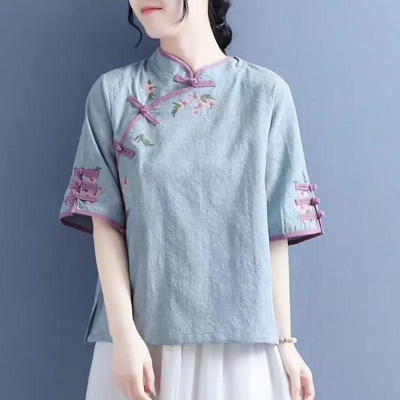 Summer New Embroidery Half Sleeve Female Chinese Style Hanfu Improve Cotton and Linen Breathable All-match Shirt Cheongsam Tops