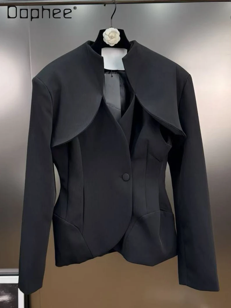 

V-neck Long Sleeve Patchwork Fake Two-piece Slim One-button French Elegant Commuter Style Suit Korean Chic Trendy Short Blazer