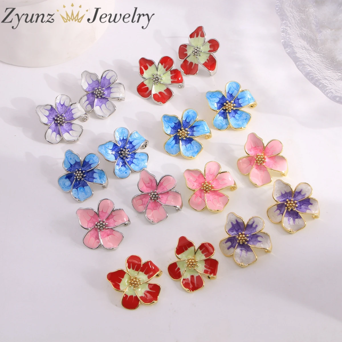 

5 пар, модные красочные позолоченные эмалированные серьги-гвоздики с цветком, женские серебряные серьги