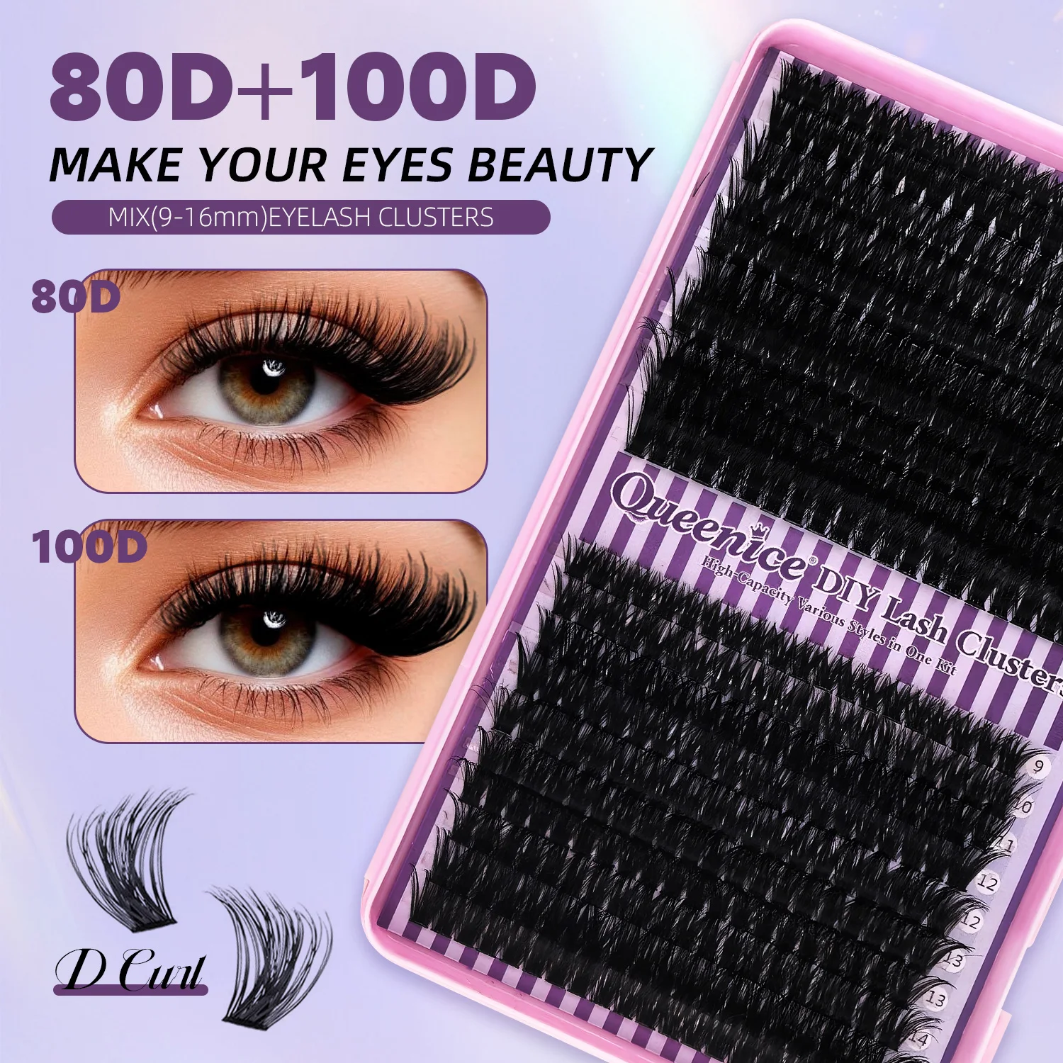 Queenice New DIY Eyelash Extension Kit 4 Styles D Curl Individual False Eyelashes with Bond & Seal Glue, Tweezers & Brush