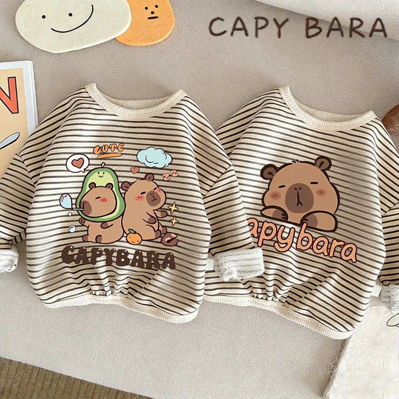 

Полосатые футболки с капибарой для девочек и мальчиков, толстовки с длинным рукавом, одежда с милым животным принтом, топы, повседневная одежда, подарки