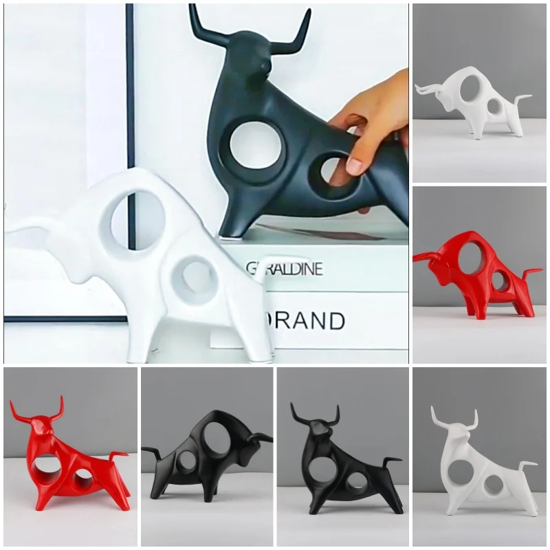 

Nordic Ins Bull Resin Decoration Blace&White&Red Color Proud Bull Ornaments Home Cabinet Cattle Figurines
