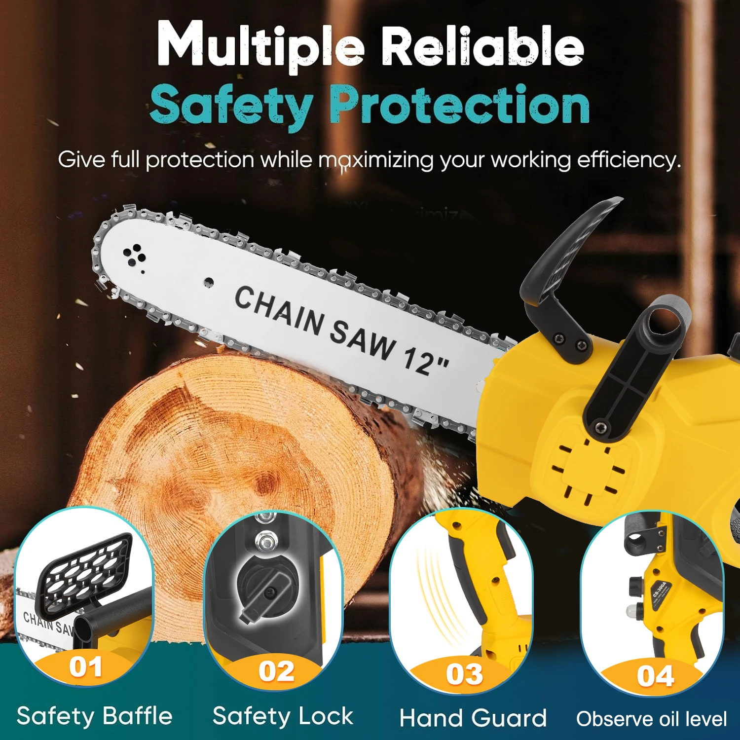 12인치 1200W 전기톱 휴대용 가정용 편리한 전기 절단 도구 (나뭇가지 및 목재 절단용 배터리 2개 포함)