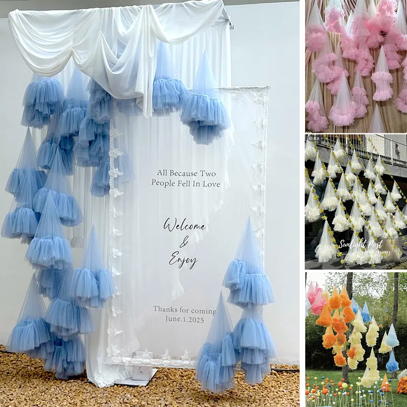 Pastel Tulle Cloud Ornament, Multi-Layer Ruffled Gauze Decor for Wedding Backdrop, Birthday Party & Photo Booth Wall Hanging