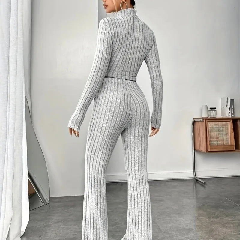 Women autumn grey crop top slim fit pants set fashionable and elegant temperament pullover two-piece knitted set autumn clothing