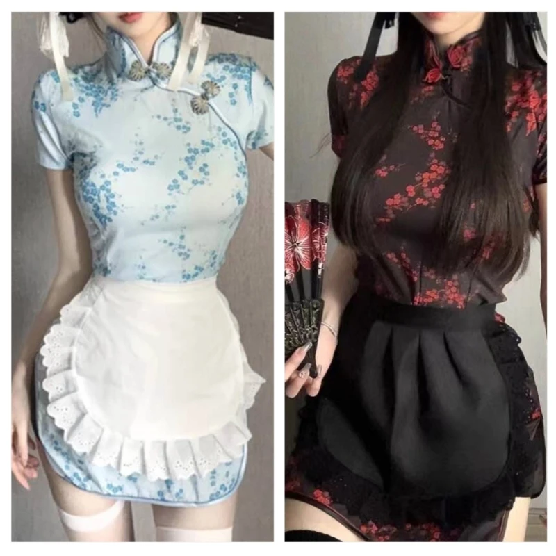 Japanese Cartoon Maid Apron Costume with Cheongsam Dress Halloween Maid Dress up Outfits For Girl Cosplay Theme Parties