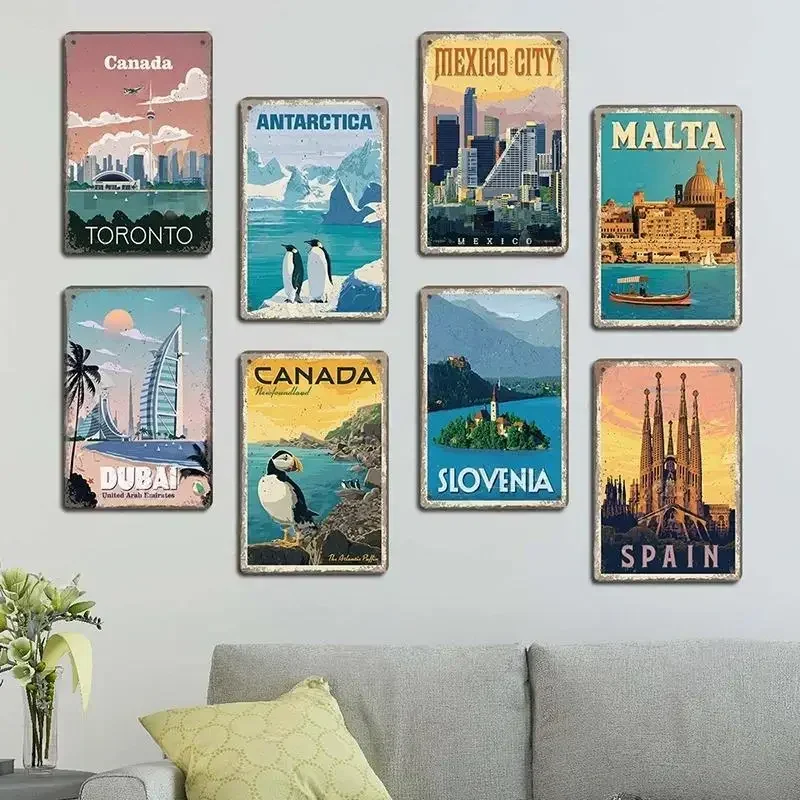 Vintage Capital City Scenery Tin Sign Metal Plate Mexico Greece Canada Dubai Metal Poster For Cafe Bar Club Pub Home Wall Decor