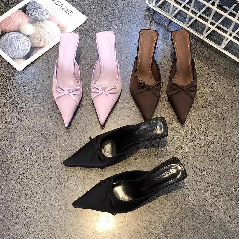 New Butterfly-knot Women Slipper 2025 Summer Pointed Toe  Slip on Ladies Mules Thin Low Heel Satin Slide Sandals Zapatos Mujer - Product Main Image
