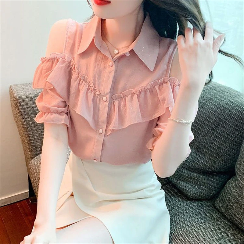 Women Ruffle Sexy Off Shoulder Chic Sweet Shirts Summer Korean Style Lapel Short Sleeve Blouses Solid Elegant Chiffon Tops Blusa