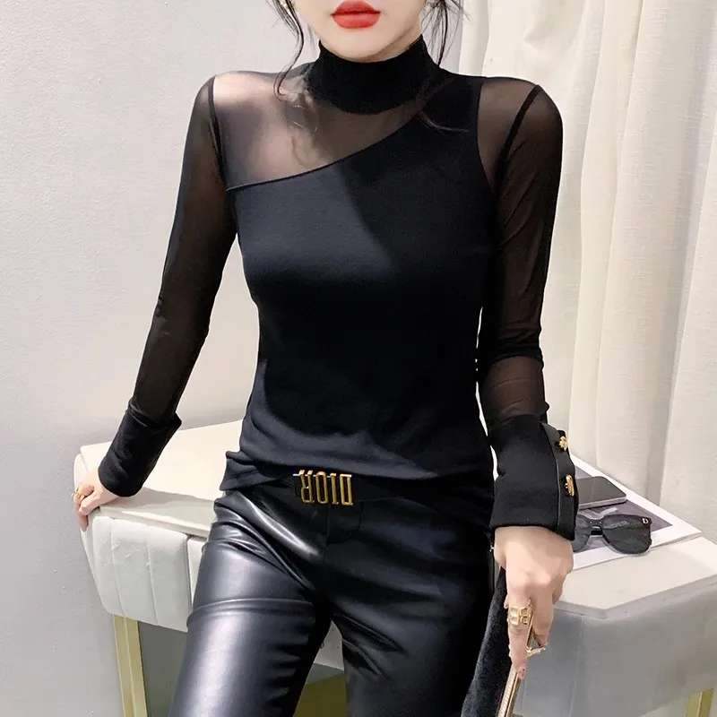 Autumn Winter Half High Collar T shirt Patchwork Long sleeved Mesh Tops Slim Fit Women Bottoming Shirt