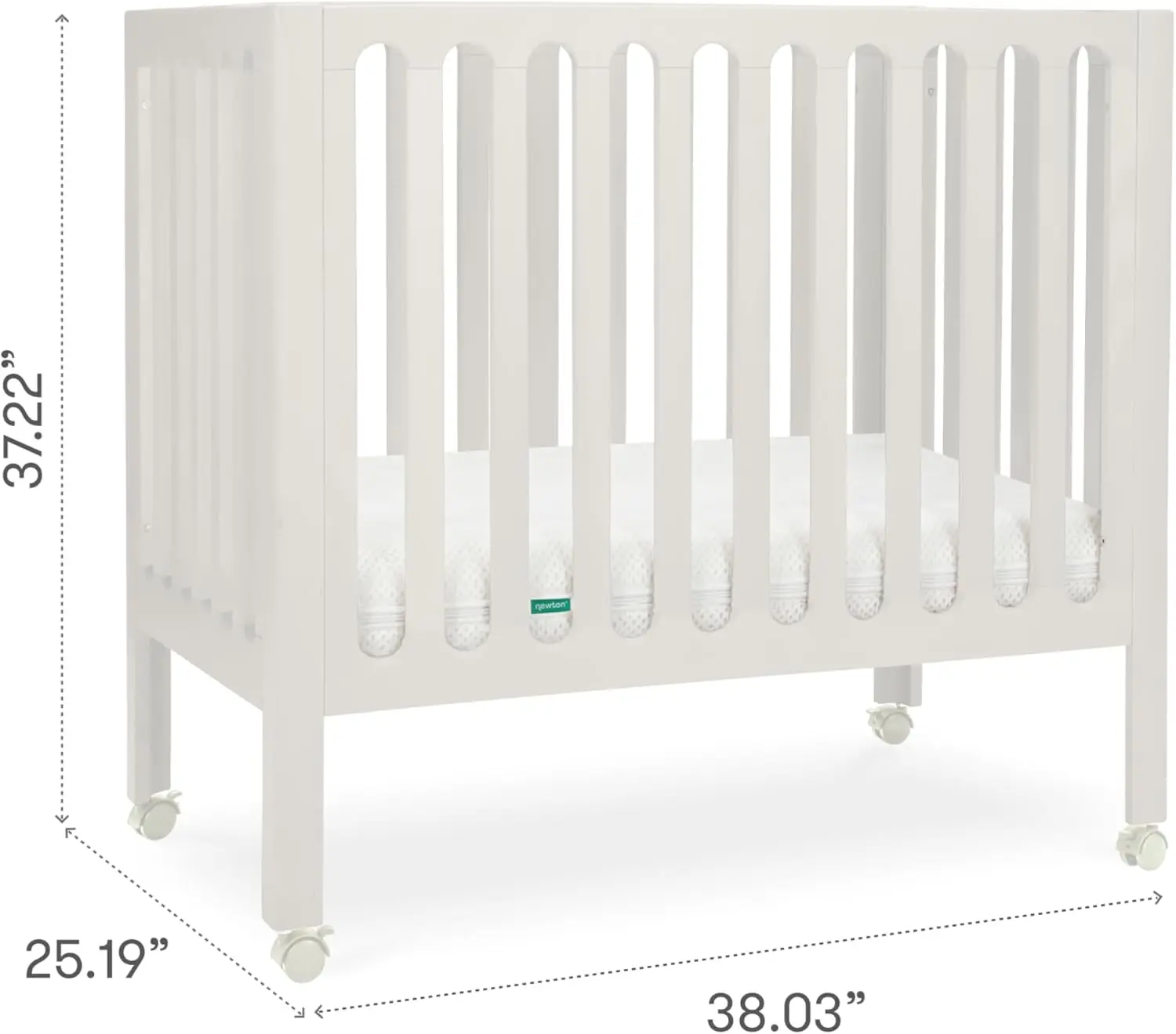 Newton Baby Galileo Mini Crib من خشب الزان الصلب مع عجلات باللون الأبيض الدافئ، مرتبة سرير صغيرة متضمنة