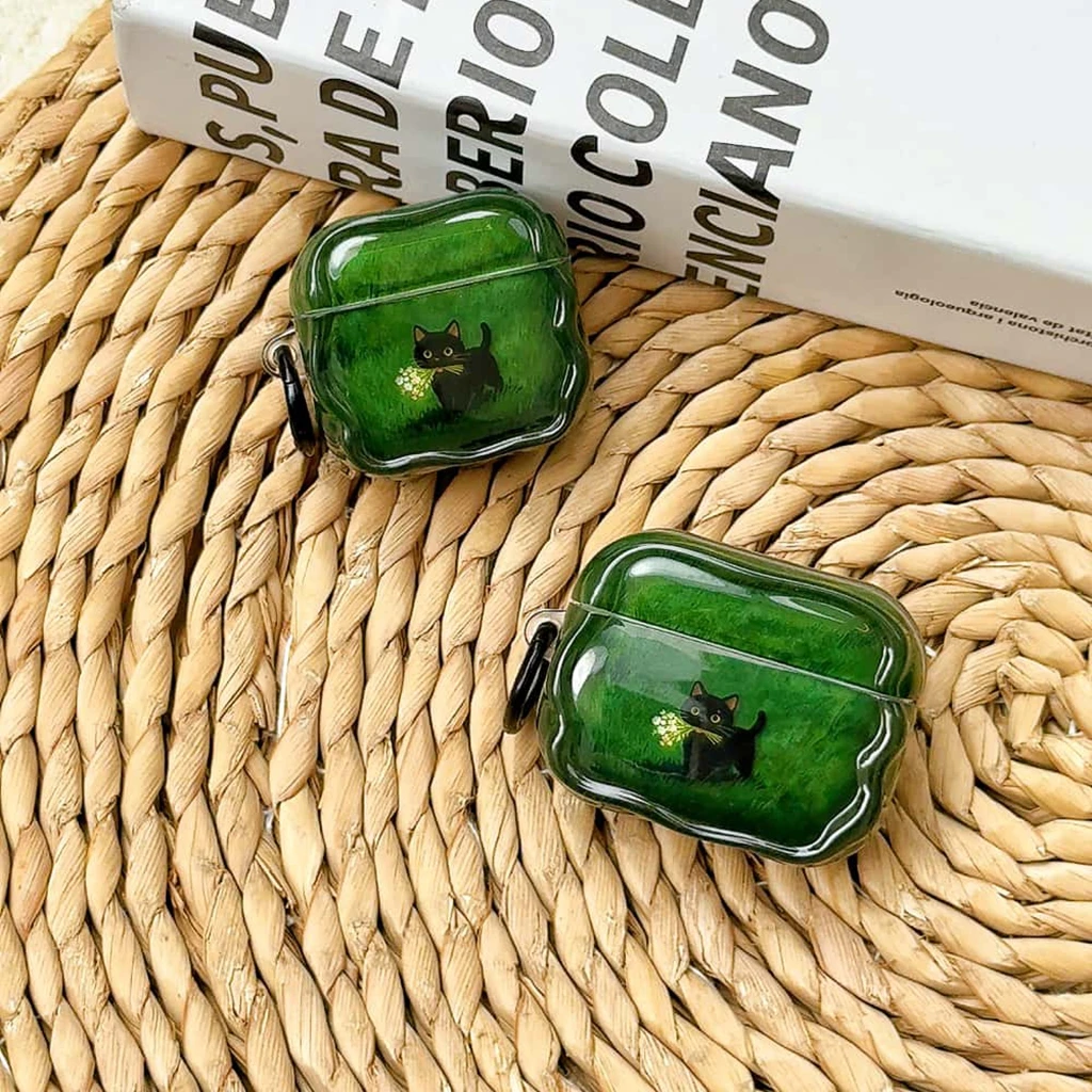 Playful Cute Black Cat Flowers Glossy Wavy Edge With Hook Shock Proof Earphone Cover Case for AirPods 1 or 2 3 4 Pro 2 Pro 3