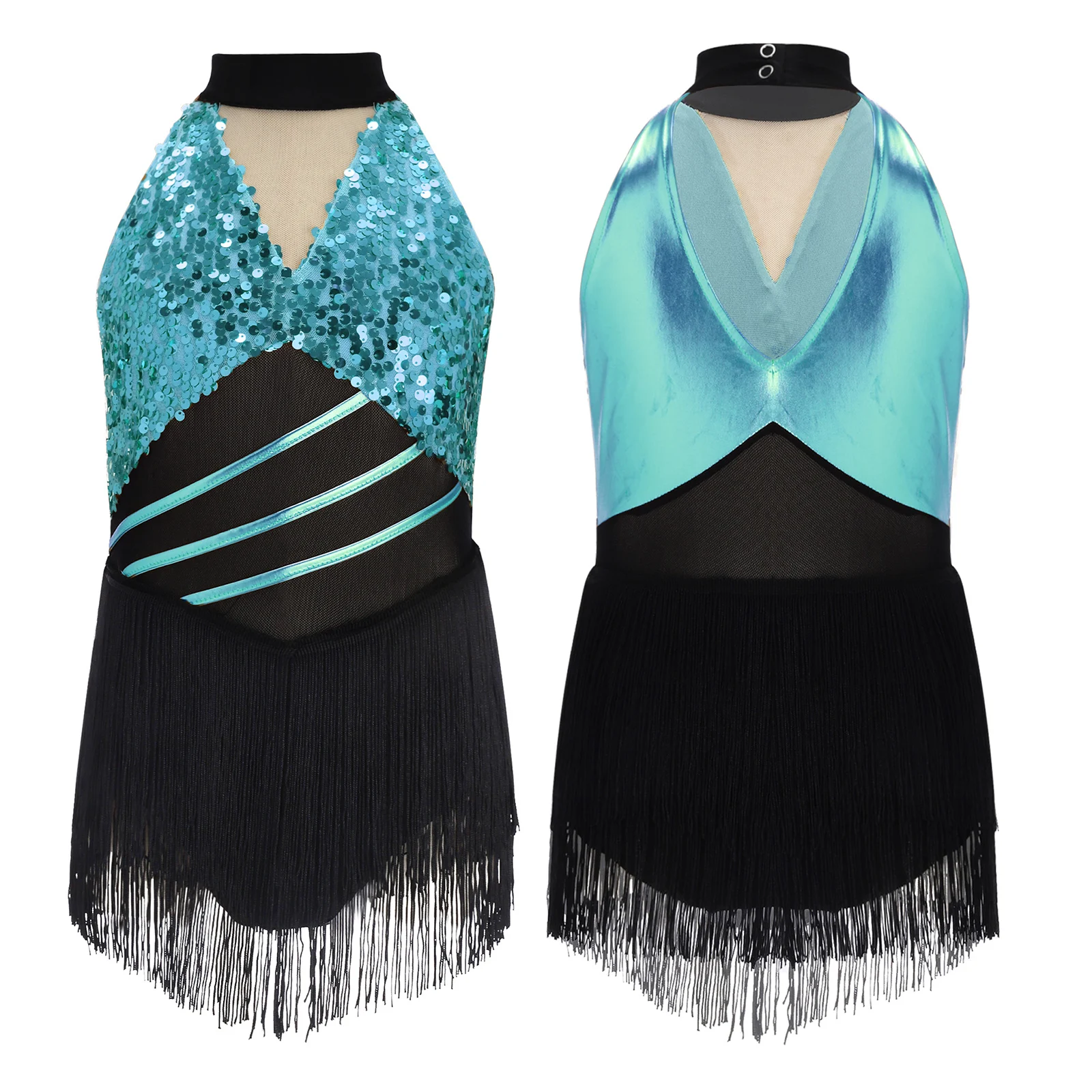 Children Girls Latin Jazz Dance Cha-cha Salsa Samba Rumba Tango Ballroom Bodysuit Dress Sleeveless Sequins Mesh Tassels Leotard
