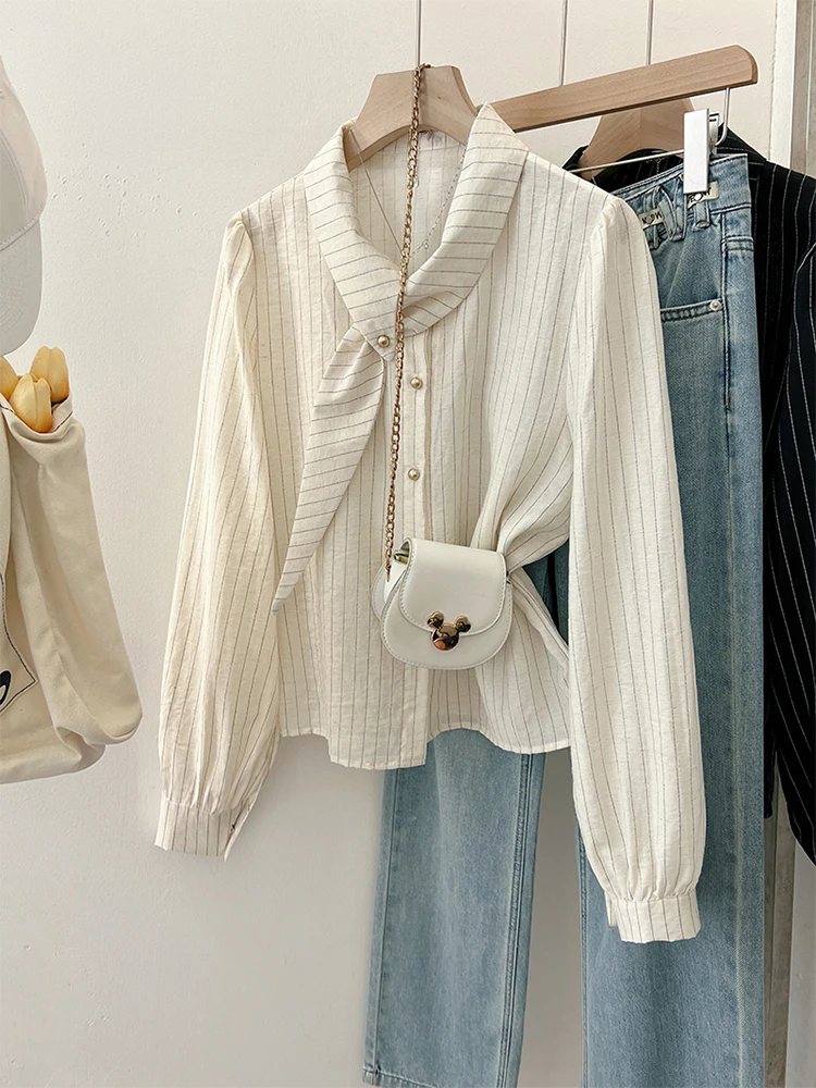 

Women White Striped Shirts and Blouses Y2k 90s Vintage Harajuku 2000s Oversize Harajuku Office Ladies Long Sleeve Shirt Clothes