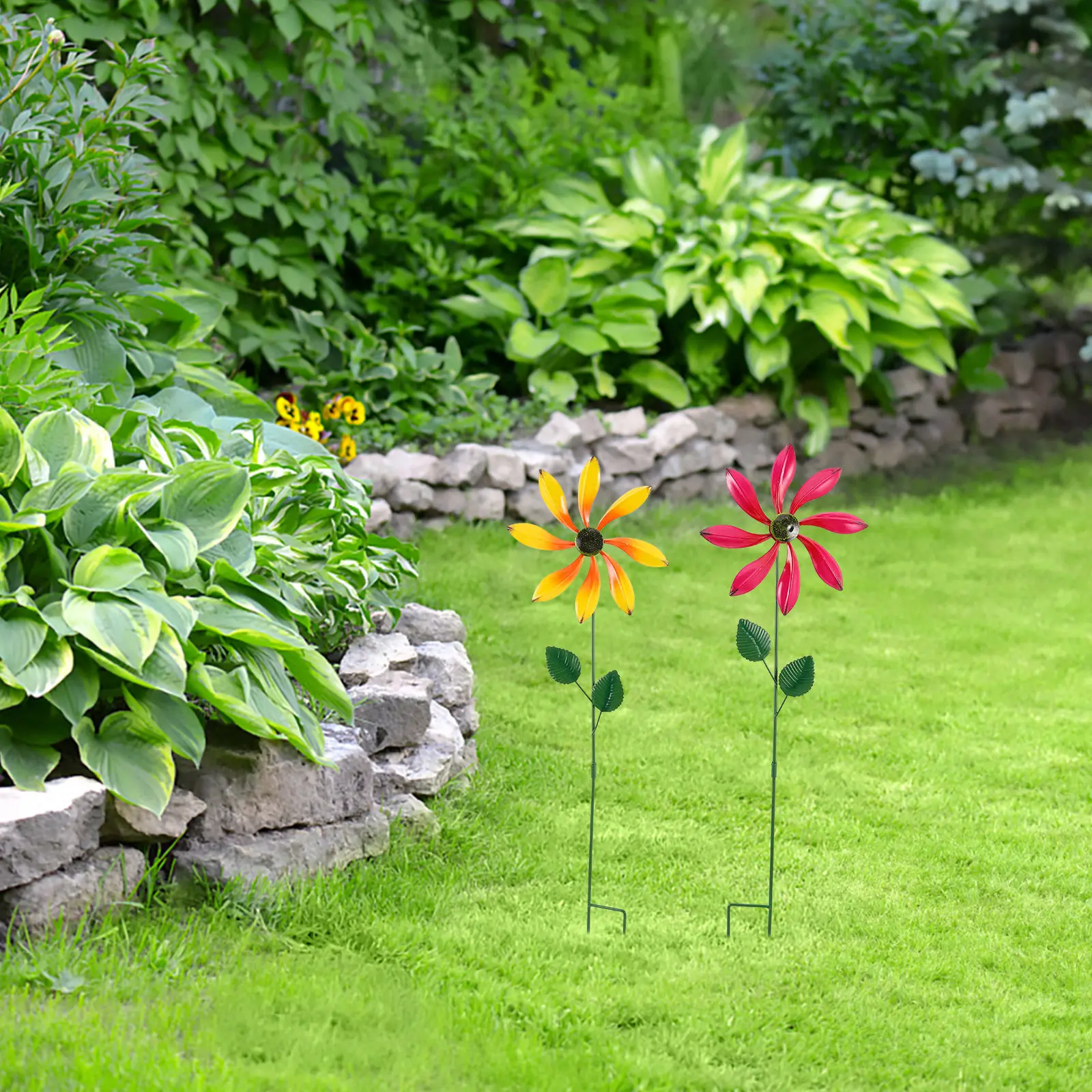 2Pcs Iron Floral Wind Spinner Stake Metal Rotating Windmill Garden Decor for Lawn Patio Balcony Yard Pathway Outdoor Wind