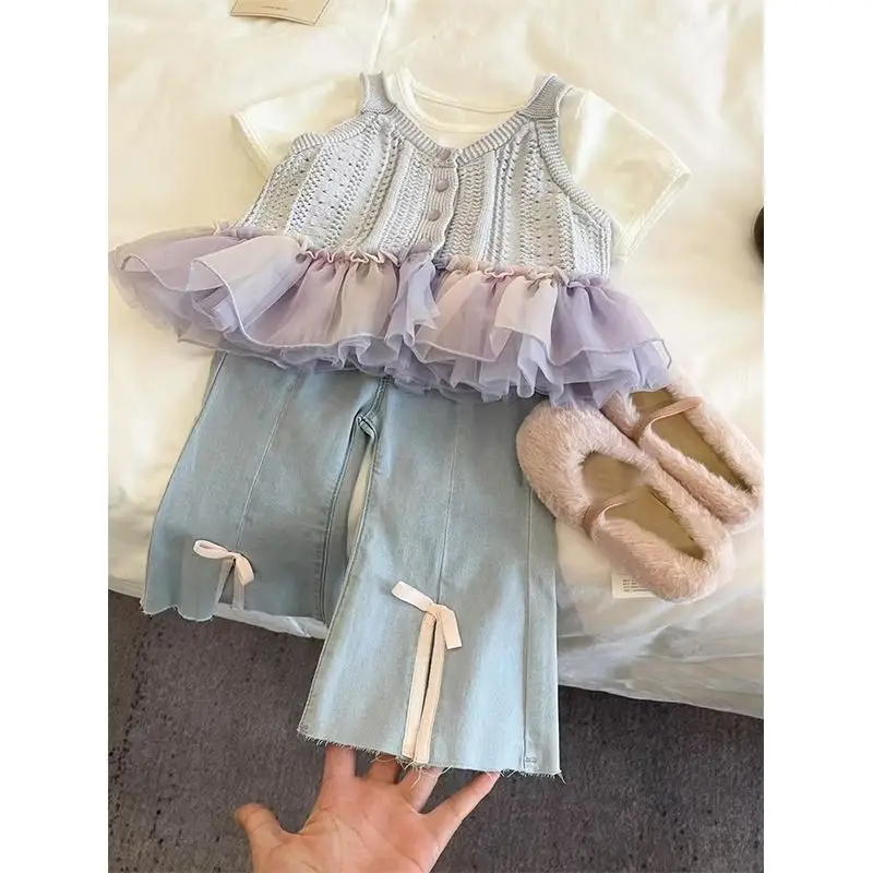 

Fashion Toddle Grils Clothes Summer Knit Vest+TShirt+Jean Bow Pants 3Pcs Korean Version Kids Casual Princess Clothes Suits