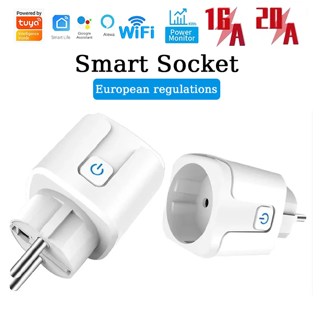 Tuya EU Plug WIFI 16/20A, Smart Socket With Power Monitor Timing, Voice Control Work with Alexa Google Home Alice