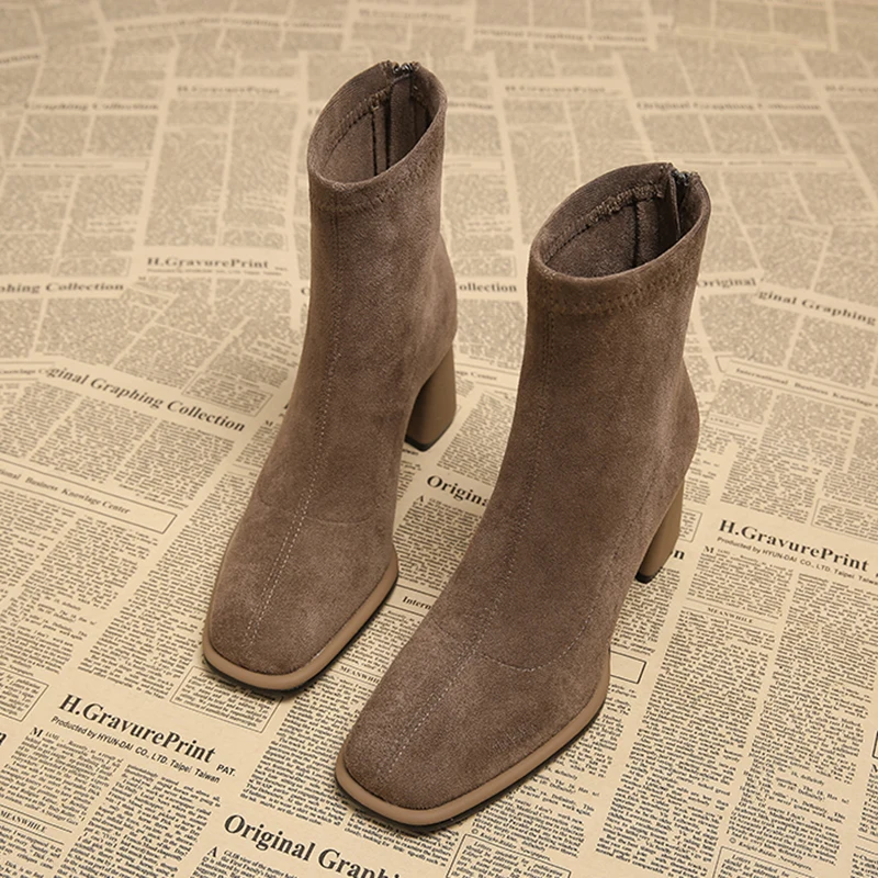 Vintage Square Toe Women Ankle Boots Fashion Zippers Thick Heels Shoes Winter Elegant Mordern Short Boot - Image 2