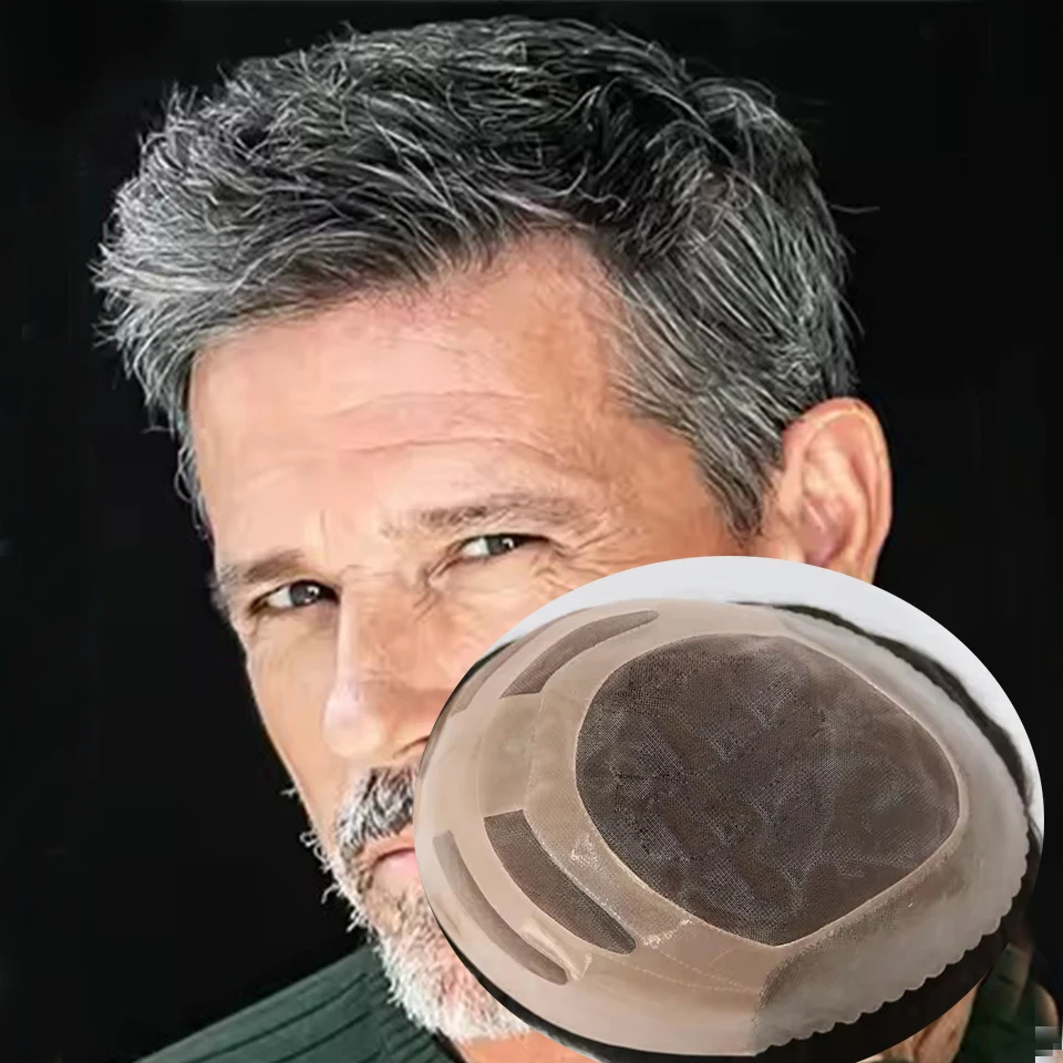 

Естественная линия роста волос # Мужской парик 1B40 черно-серого цвета для пожилых мужчин, 100% натуральные человеческие волосы, прочная основа из NPU, система протезирования волос