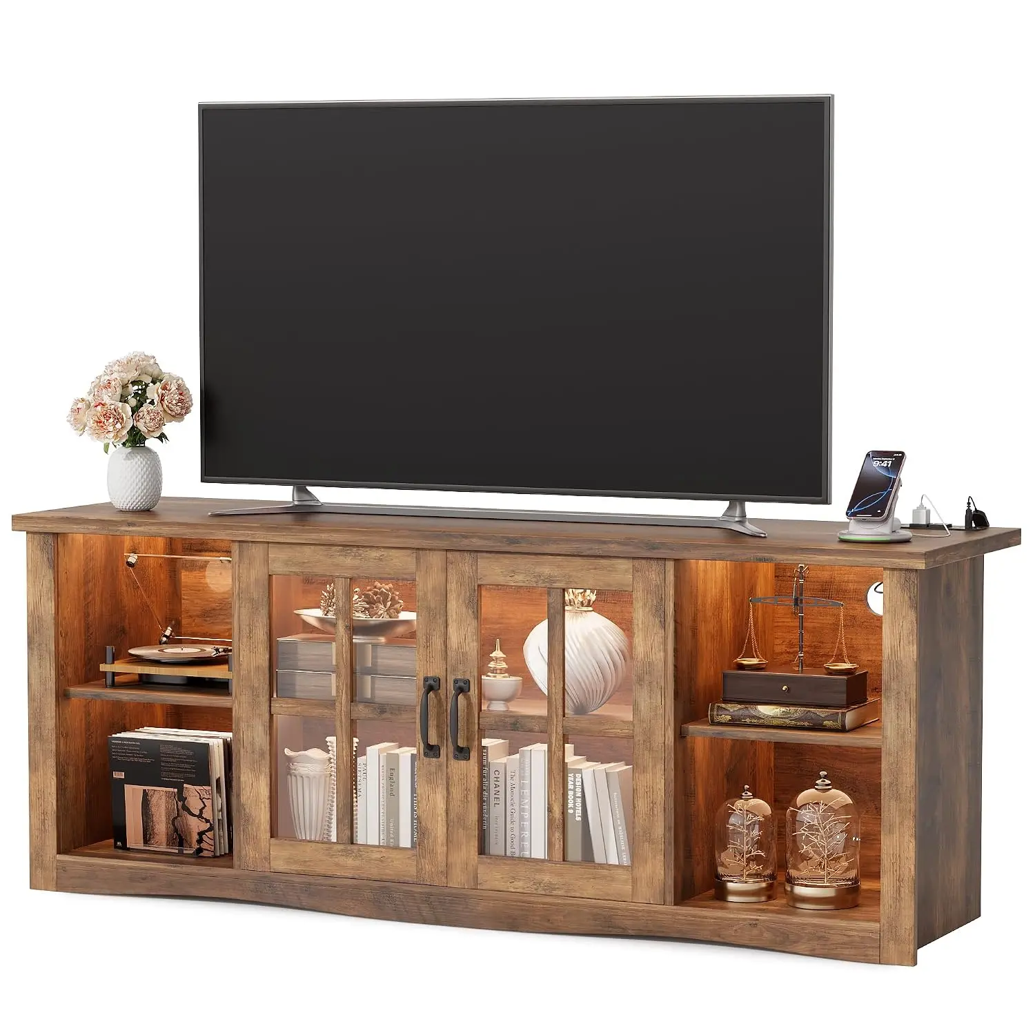 Farmhouse TV Stand Glass Doors for 65 Inch TV Rustic Brown, Customized