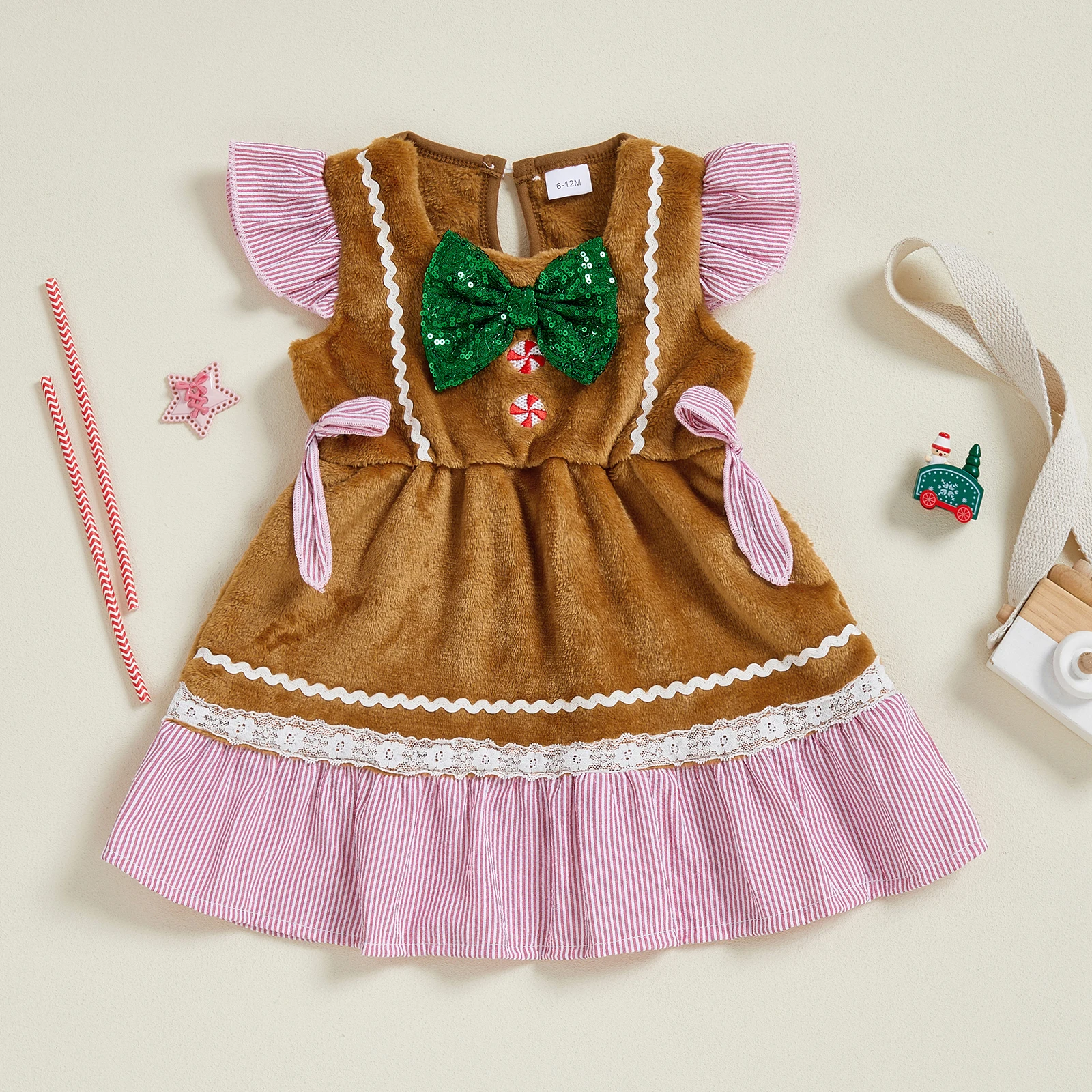 

Toddler Baby Girl Christmas Dress Gingerbread Candy Theme Square Neck Flying Sleeve A Line Dress