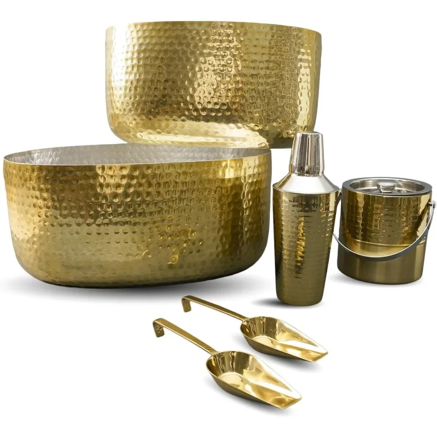 

Шейкер для коктейлей, ведро для льда и 2 совки, 2 ванночки по 16 и 18,25 дюйма, кованое золотое металлическое напиток, сервировочная посуда для вечеринок Barwar