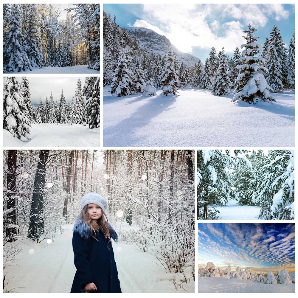 

MOON.QG Winter Trees Photography Background Pine Christmas Village Backdrop Photozone Shooting Props Decoration Studio Photo