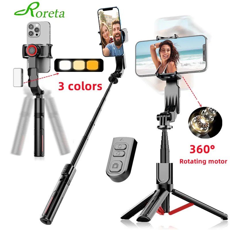 Gimbal Stabilizer Selfie Stick Foldable Wireless Tripod with Bluetooth Shutter Monopod Removable magnetic fill light for iPhone