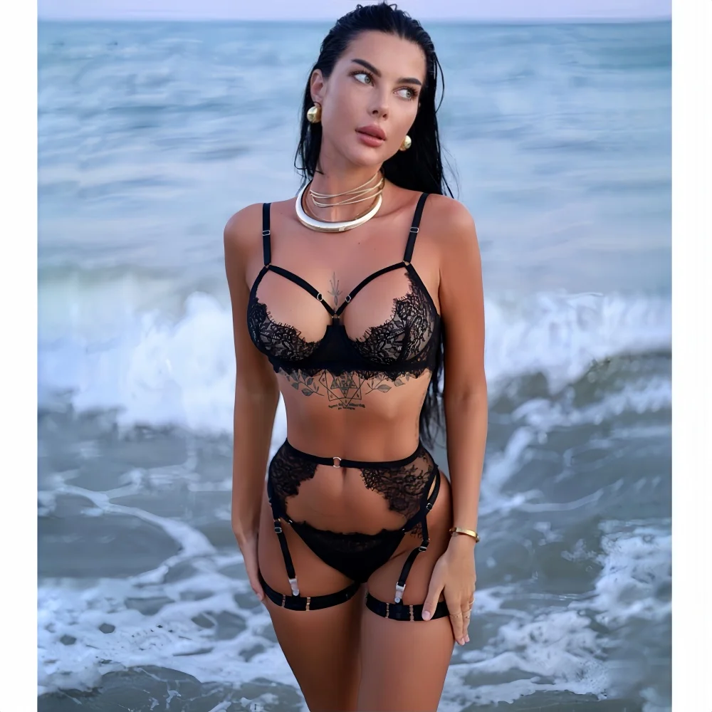 Krasapt-Lencería Sexy de encaje negro con perspectiva, conjuntos de 4 Uds., sujetadores y pantiers calados románticos, trajes de liga, conjunto delicado de Bilizna