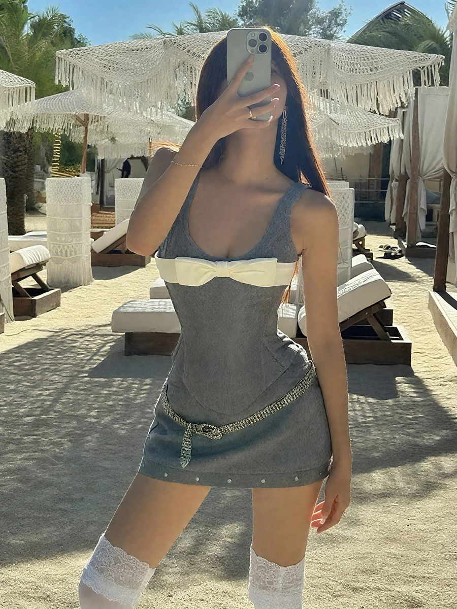 Weird Puss American Sle Spicy Girl ey  Knot Waist Crop Top Women Faionable Skirt Set Summer Casual Slim Fit