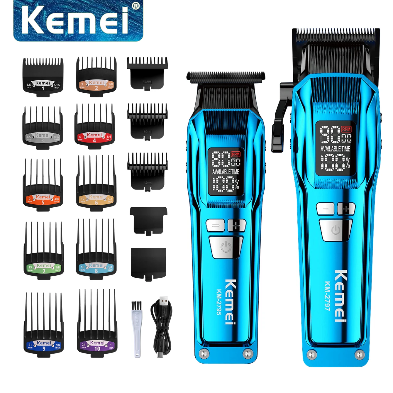 

Kemei KM-2797 Blue Rechargeable Cordless Hair Clipper Set DLC Haircut Machine Electric Men's Beard & Hair Trimmer Barber Set