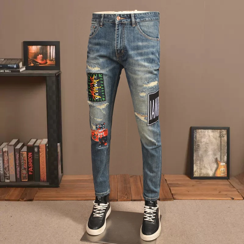 Street Fashion Men Jeans Retro Blue Elastic Embroidery Patchwork Skinny Ripped Jeans Men Patches Designer Hip Hop Pants Hombre