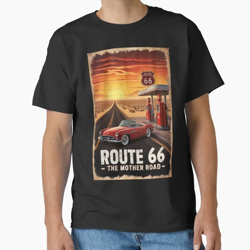 

Nostalgic Adventure Route 66 at Sunset Americans highway The Mother Road USA road trip gift T-shirt Large size Adult Tops S-6xl