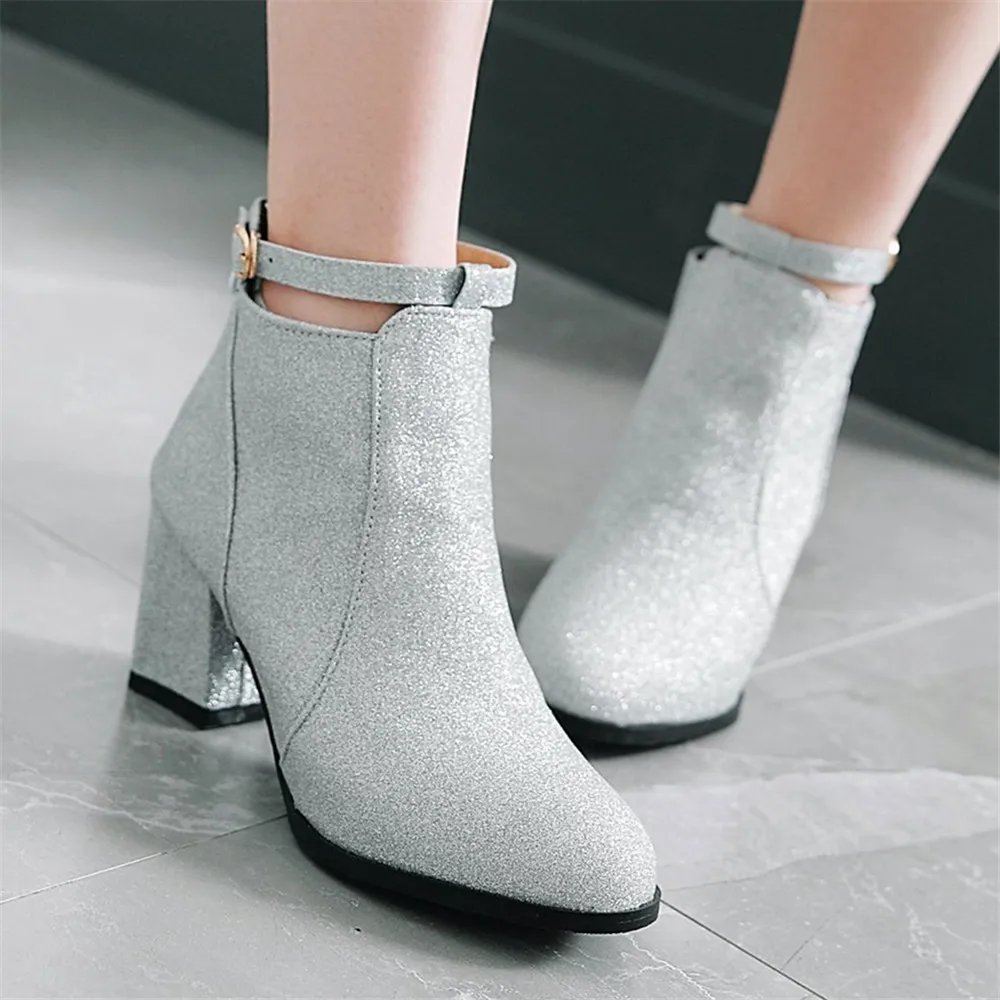 New 2023 Autumn Winter New Woman High heels Ankle Booties Women Boots Sequined Cloth Dress Shoes Goth Boots Purple Black Gold