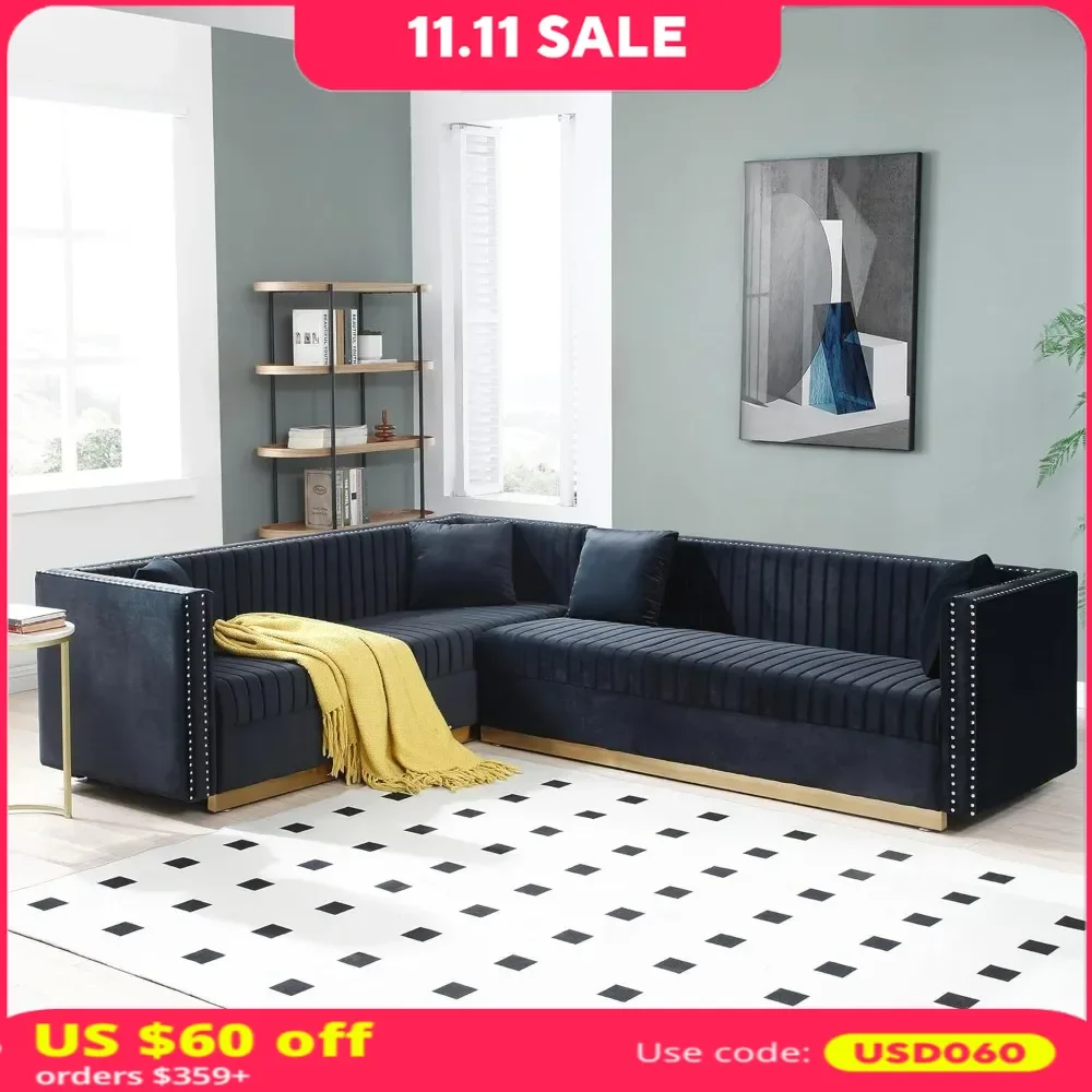 office sofas, Include 3 Seaters CouchX2, L-Shaped Corner Sectional W/Gold Metal Strip Decor for Apartment Office,  sofa