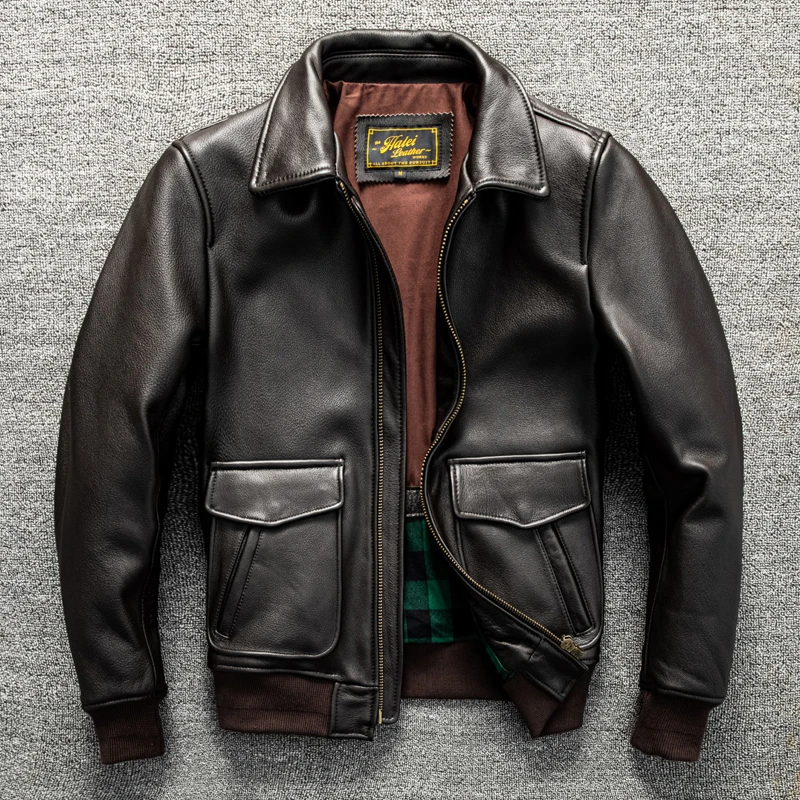 New First Layer Cowhide Leather men's Flight Suit Lapel Short -fit Leather Jacket Winter Coat Trend